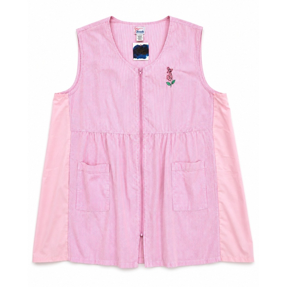 Bernette Womens Plus 3X Pink Seersucker Zip Front Housecoat Embroidered Rose
